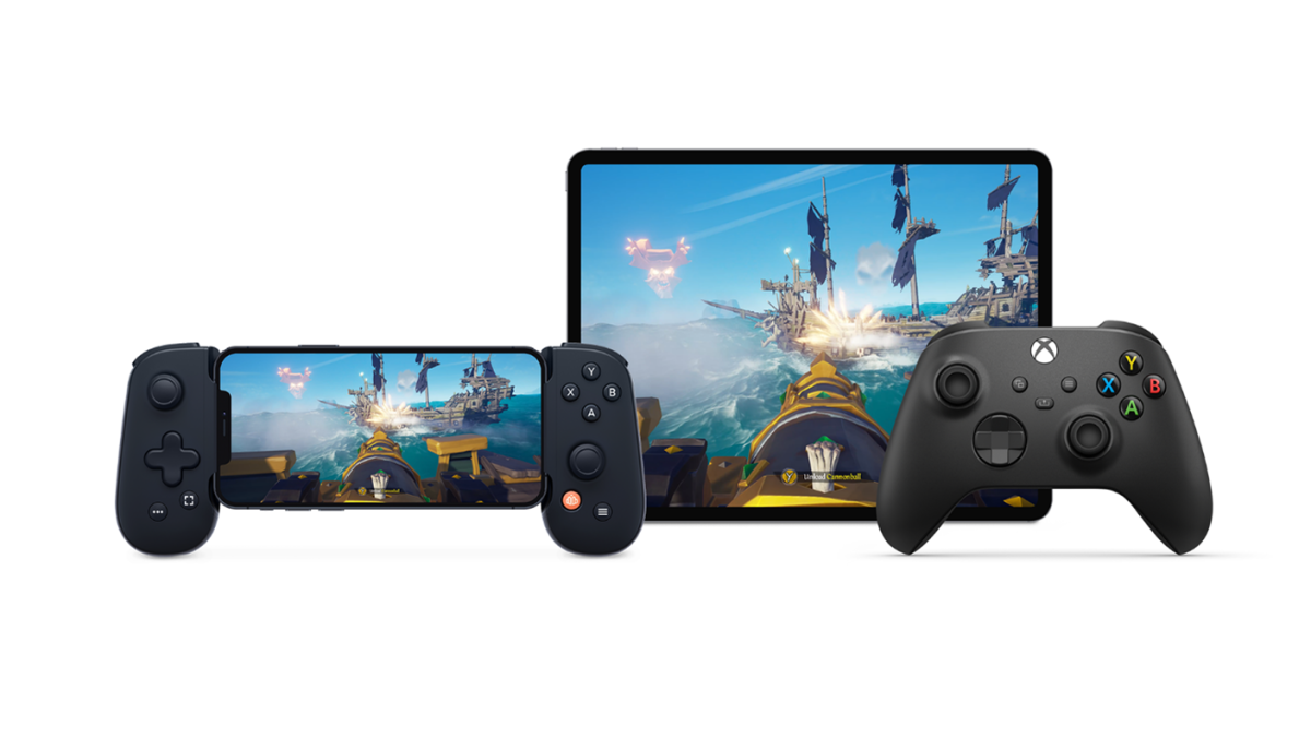 An image depicting a mobile phone with a Backbone One controller attached and a tablet next to an Xbox Series X controller. Both the mobile phone and tablet showcase a screenshot from the Sea of Thieves game played via Xbox Cloud Gaming.