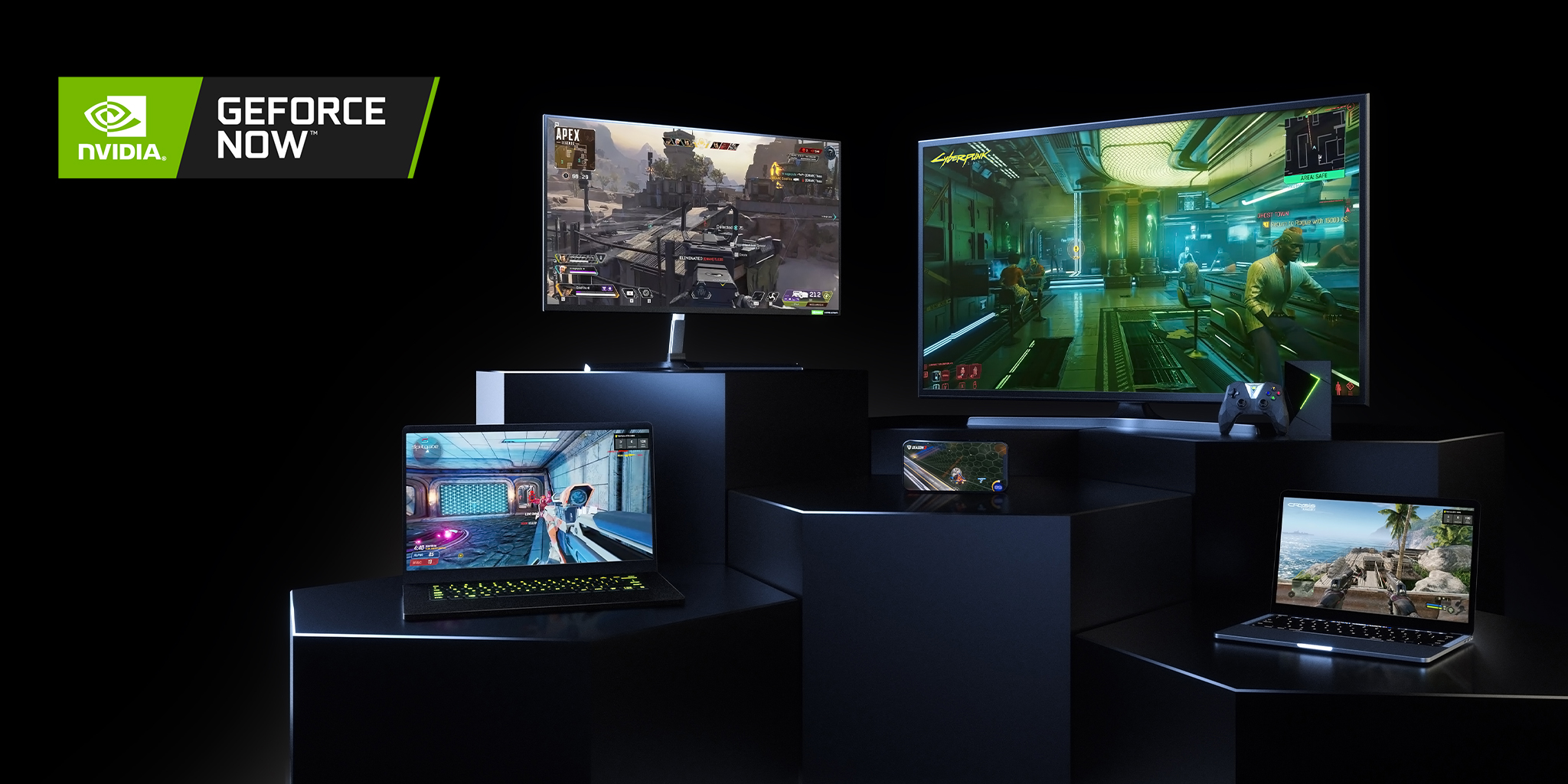 An image depicting various electronic devices including a laptop, a tablet, a mobile phone, and a television that are compatible with the NVIDIA GeForce Now cloud streaming service for video games.